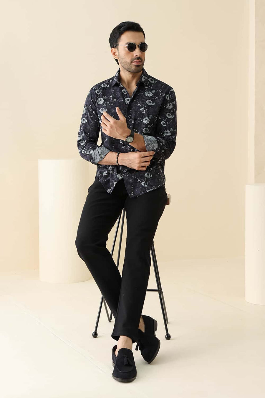Basics Slim Fit Black Shoe Cotton Viscose Digital Printed Shirt