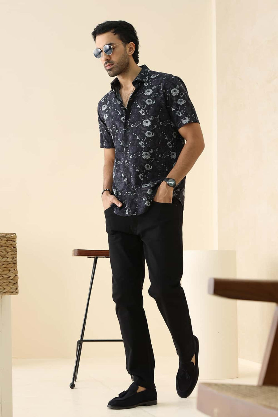Basics Slim Fit Black Shoe Cotton Viscose Digital Printed Halfsleeves Shirt