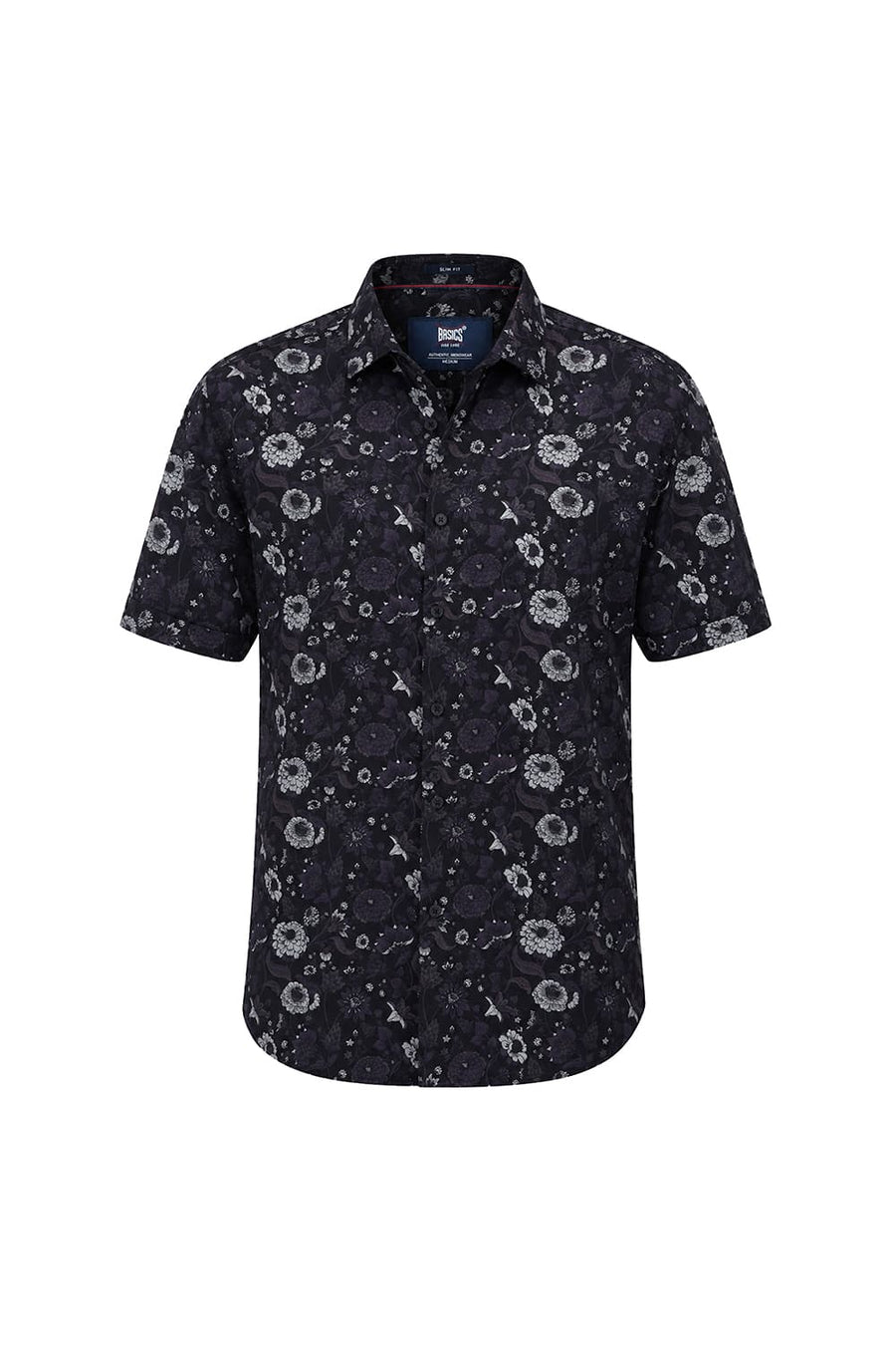 BASICS SLIM FIT BLACK SHOE COTTON VISCOSE DIGITAL PRINTED HALFSLEEVES SHIRT