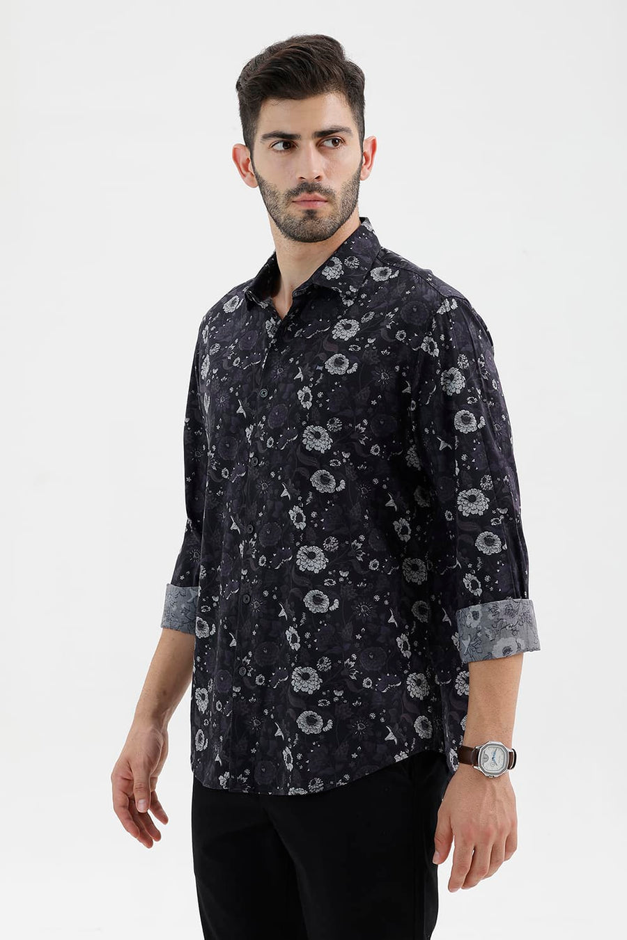 BASICS SLIM FIT BLACK SHOE COTTON VISCOSE DIGITAL PRINTED SHIRT