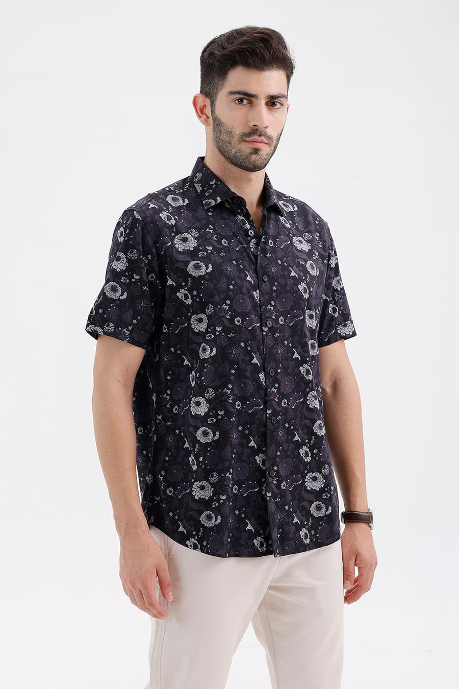 BASICS SLIM FIT BLACK SHOE COTTON VISCOSE DIGITAL PRINTED HALFSLEEVES SHIRT