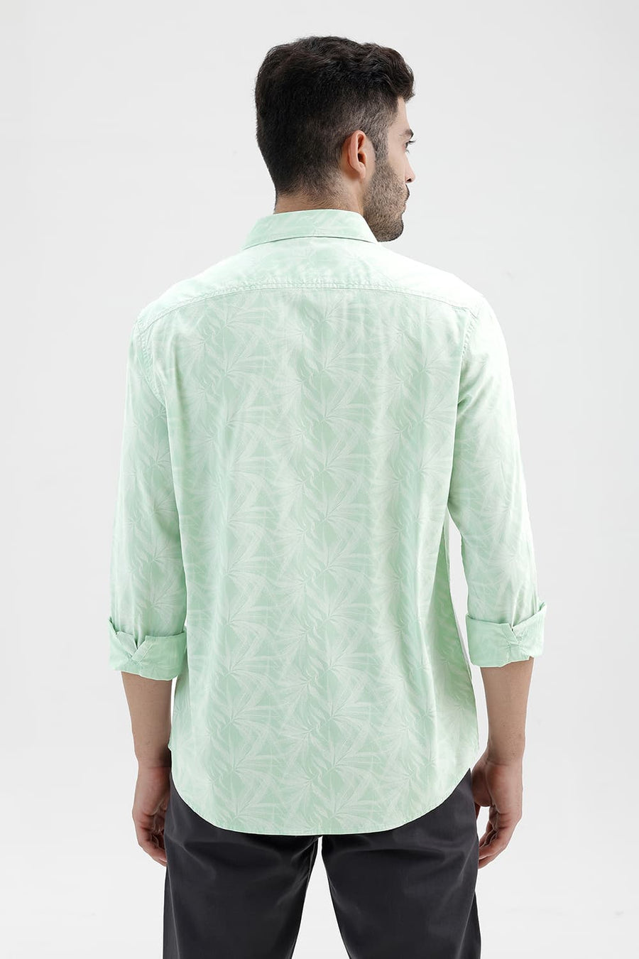 BASICS SLIM FIT SPRAY GREEN COTTON VISCOSE PRINTED SHIRT