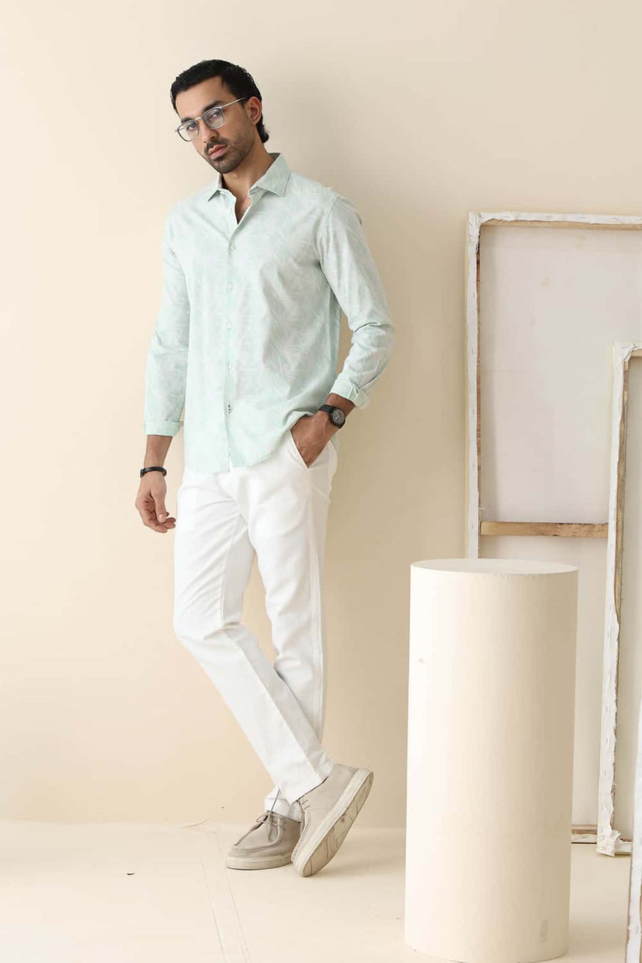 Basics Slim Fit Spray Green Cotton Viscose Printed Shirt