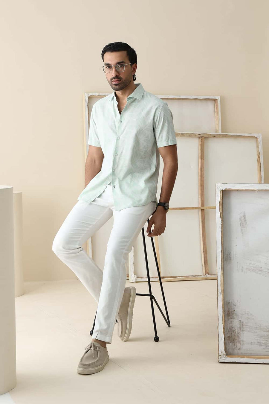 Basics Slim Fit Spray Green Cotton Viscose Printed Halfsleeves Shirt