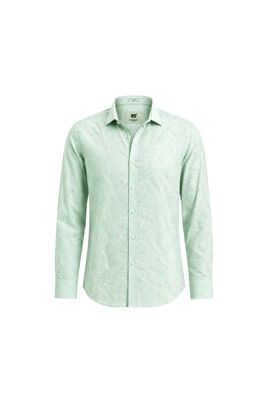 BASICS SLIM FIT SPRAY GREEN COTTON VISCOSE PRINTED SHIRT