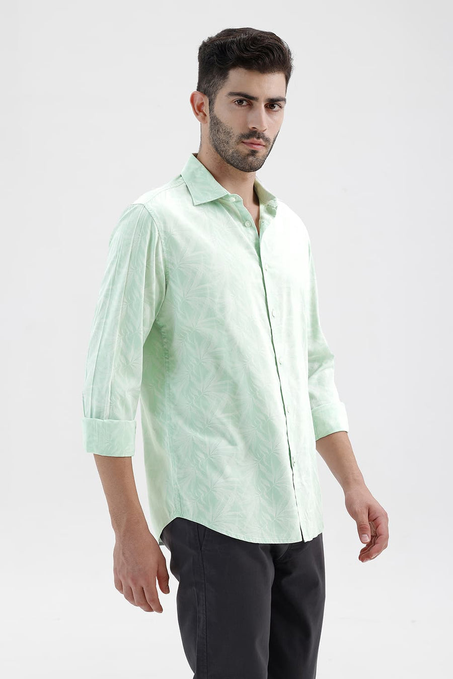 BASICS SLIM FIT SPRAY GREEN COTTON VISCOSE PRINTED SHIRT