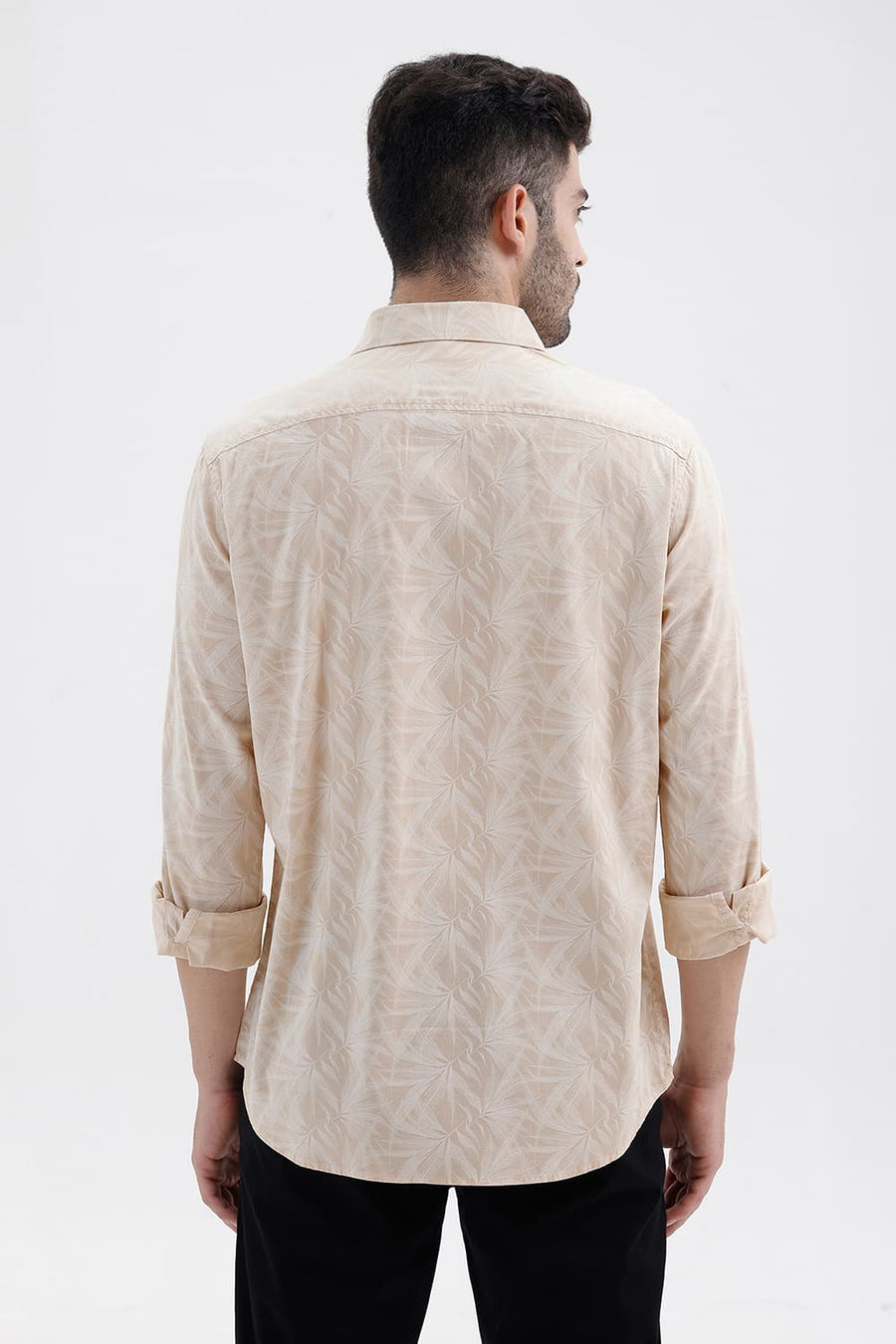 BASICS SLIM FIT SAND KHAKI COTTON VISCOSE PRINTED SHIRT