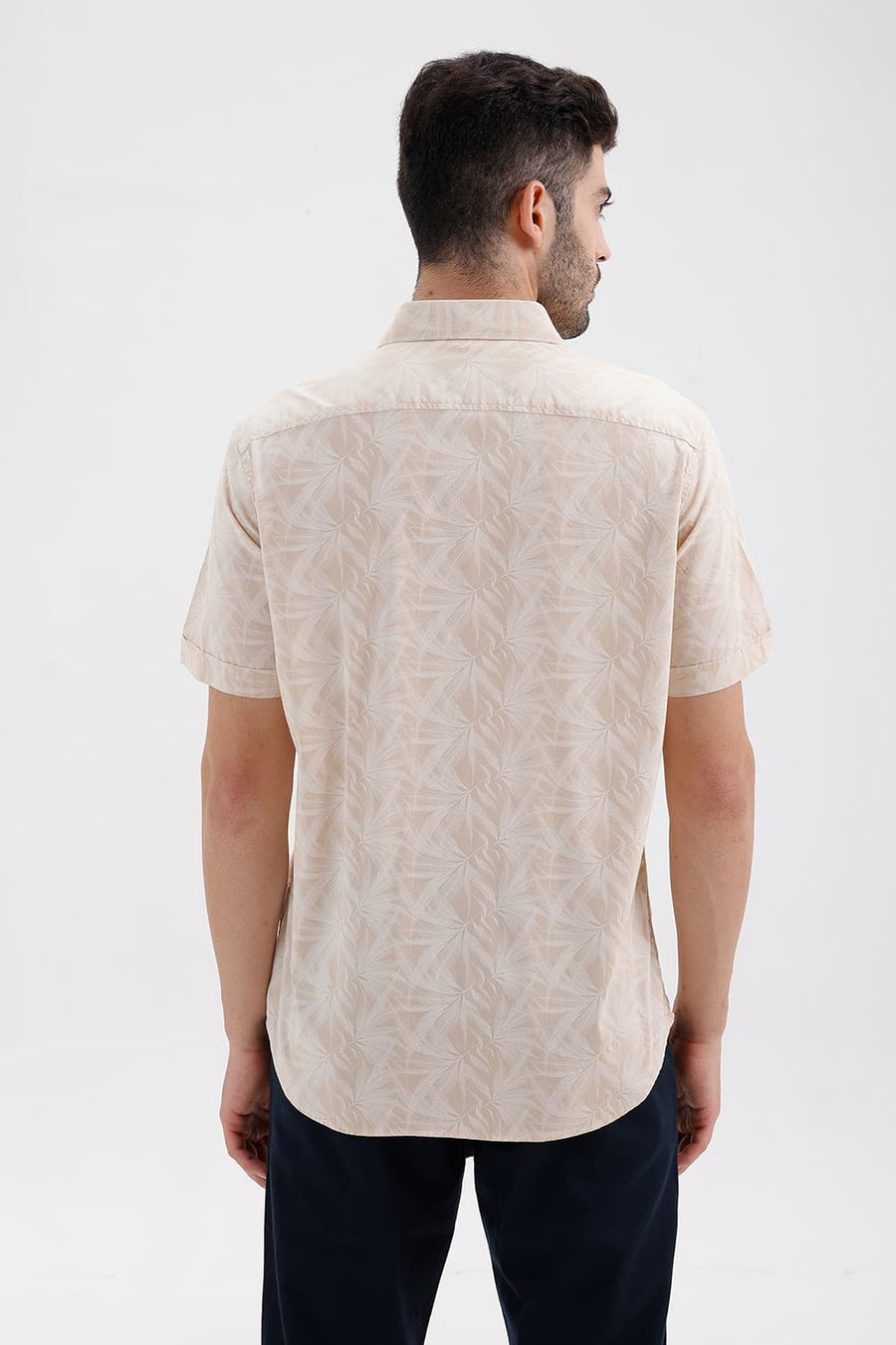 BASICS SLIM FIT SAND KHAKI COTTON VISCOSE PRINTED HALFSLEEVES SHIRT