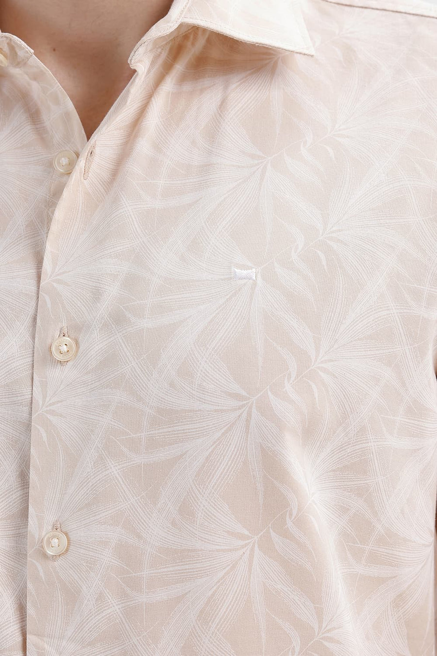BASICS SLIM FIT SAND KHAKI COTTON VISCOSE PRINTED SHIRT