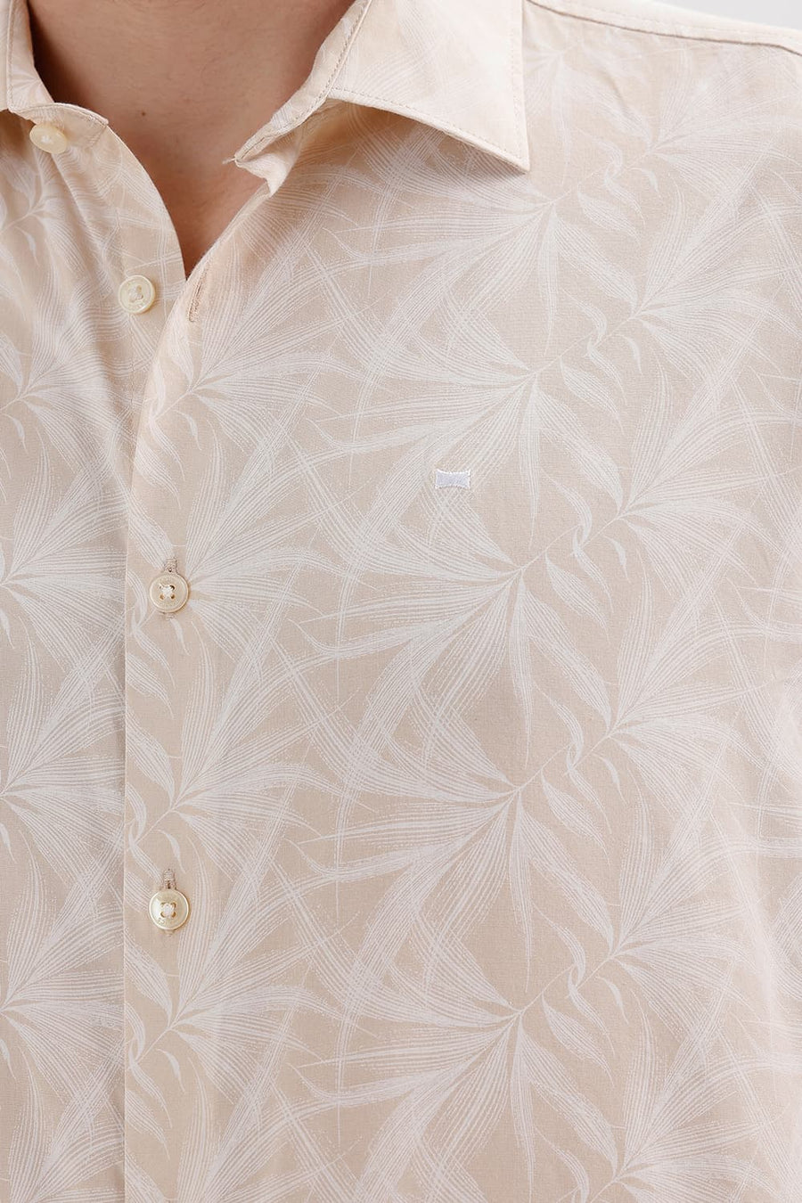 BASICS SLIM FIT SAND KHAKI COTTON VISCOSE PRINTED HALFSLEEVES SHIRT