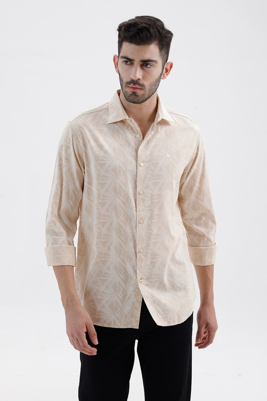 BASICS SLIM FIT SAND KHAKI COTTON VISCOSE PRINTED SHIRT