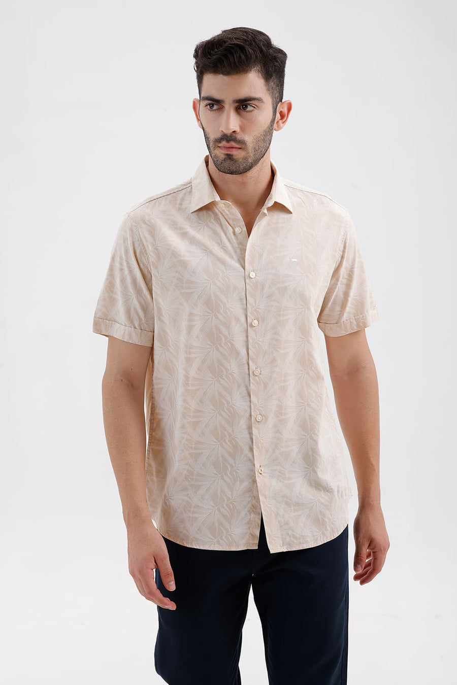 BASICS SLIM FIT SAND KHAKI COTTON VISCOSE PRINTED HALFSLEEVES SHIRT