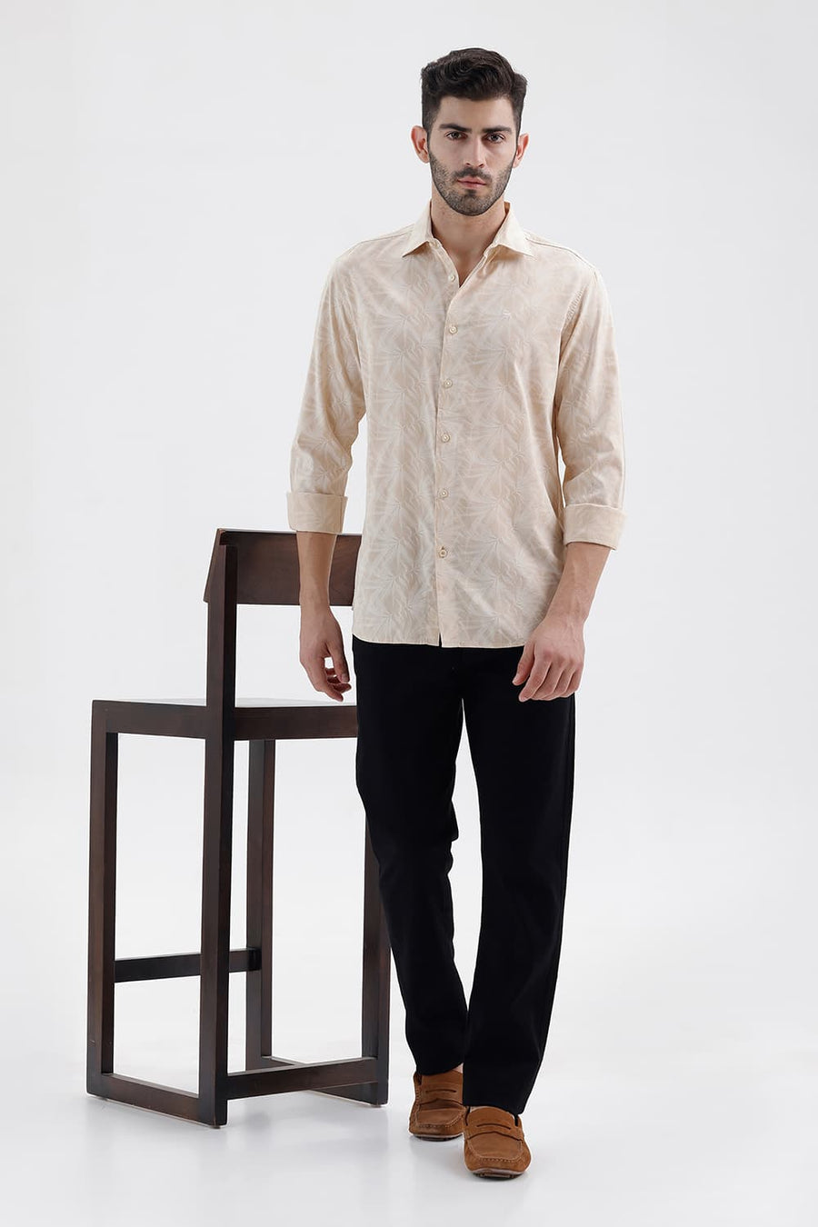 BASICS SLIM FIT SAND KHAKI COTTON VISCOSE PRINTED SHIRT