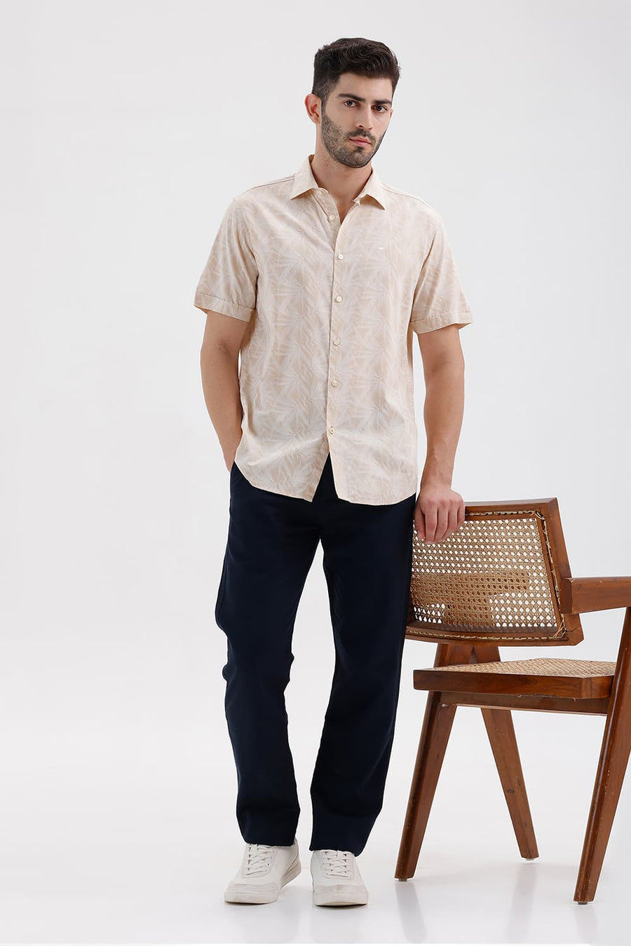 BASICS SLIM FIT SAND KHAKI COTTON VISCOSE PRINTED HALFSLEEVES SHIRT