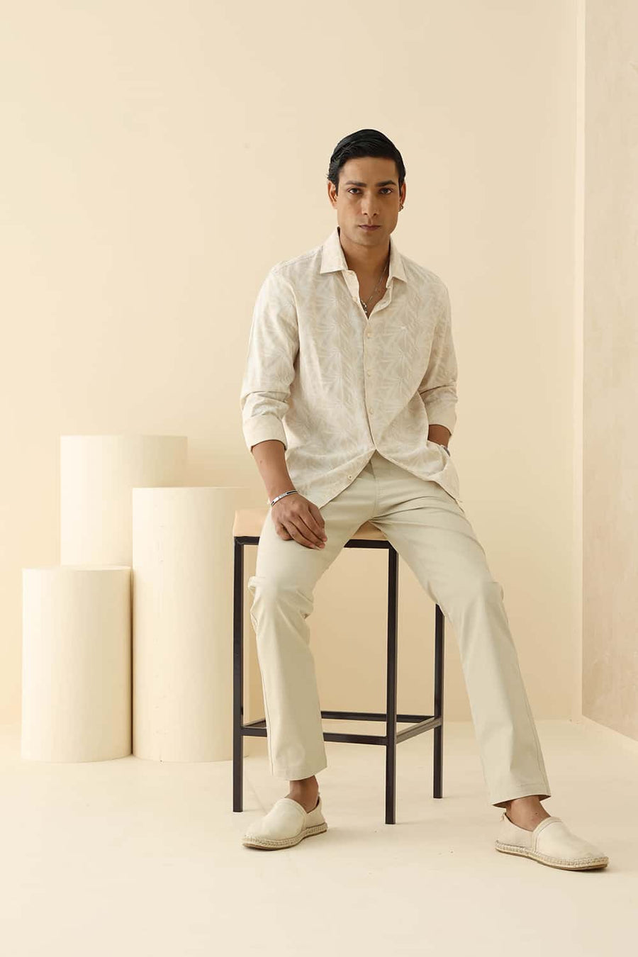 Basics Slim Fit Sand Khaki Cotton Viscose Printed Shirt