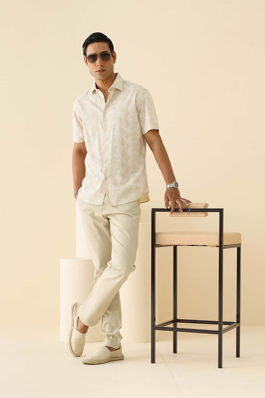 Basics Slim Fit Sand Khaki Cotton Viscose Printed Halfsleeves Shirt