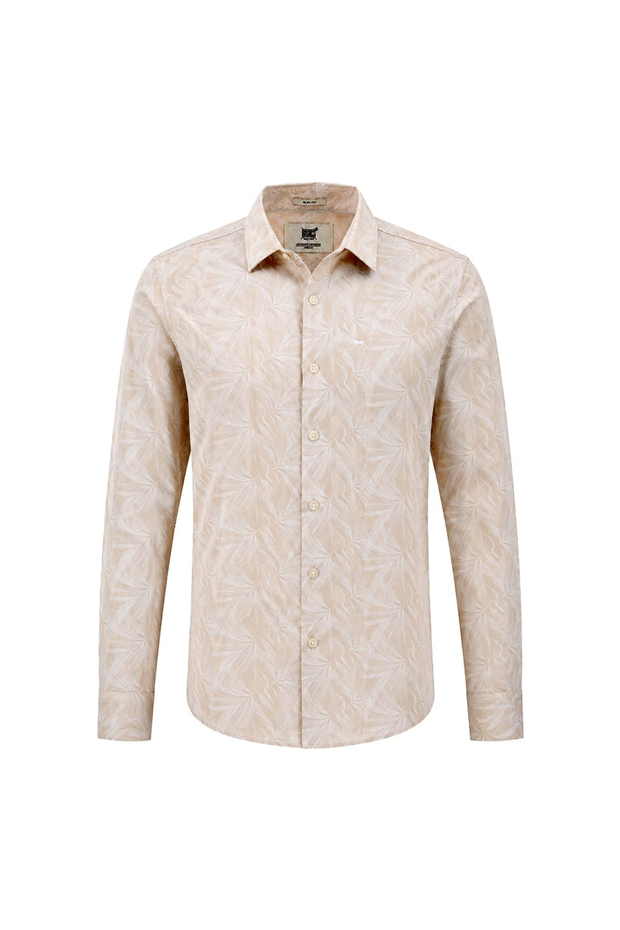 BASICS SLIM FIT SAND KHAKI COTTON VISCOSE PRINTED SHIRT