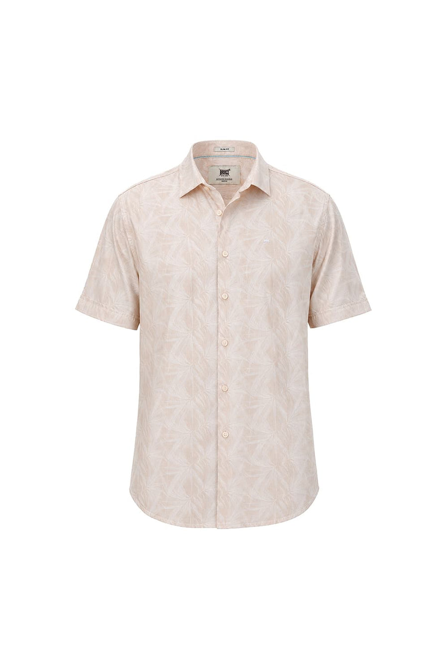 BASICS SLIM FIT SAND KHAKI COTTON VISCOSE PRINTED HALFSLEEVES SHIRT