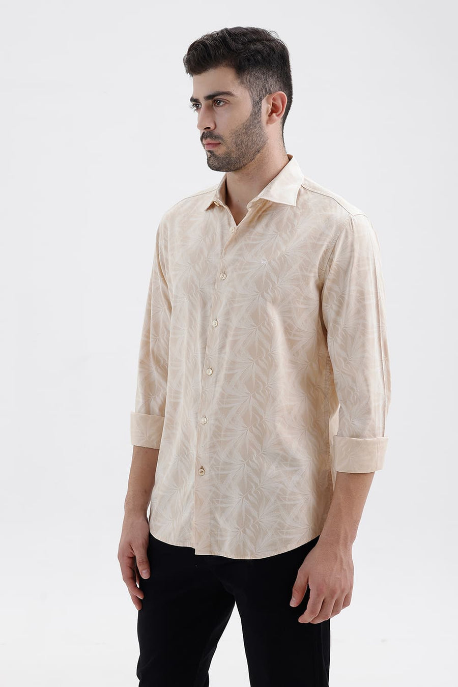 BASICS SLIM FIT SAND KHAKI COTTON VISCOSE PRINTED SHIRT