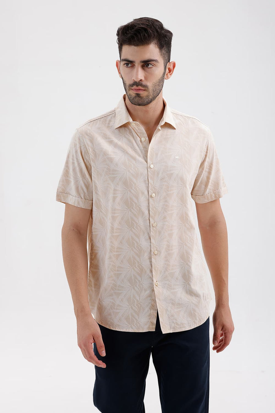 BASICS SLIM FIT SAND KHAKI COTTON VISCOSE PRINTED HALFSLEEVES SHIRT