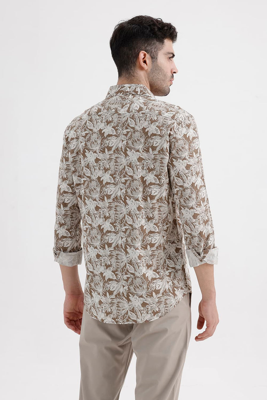 BASICS SLIM FIT BROWN WOOD SMOKE COTTON VISCOSE PRINTED SHIRT