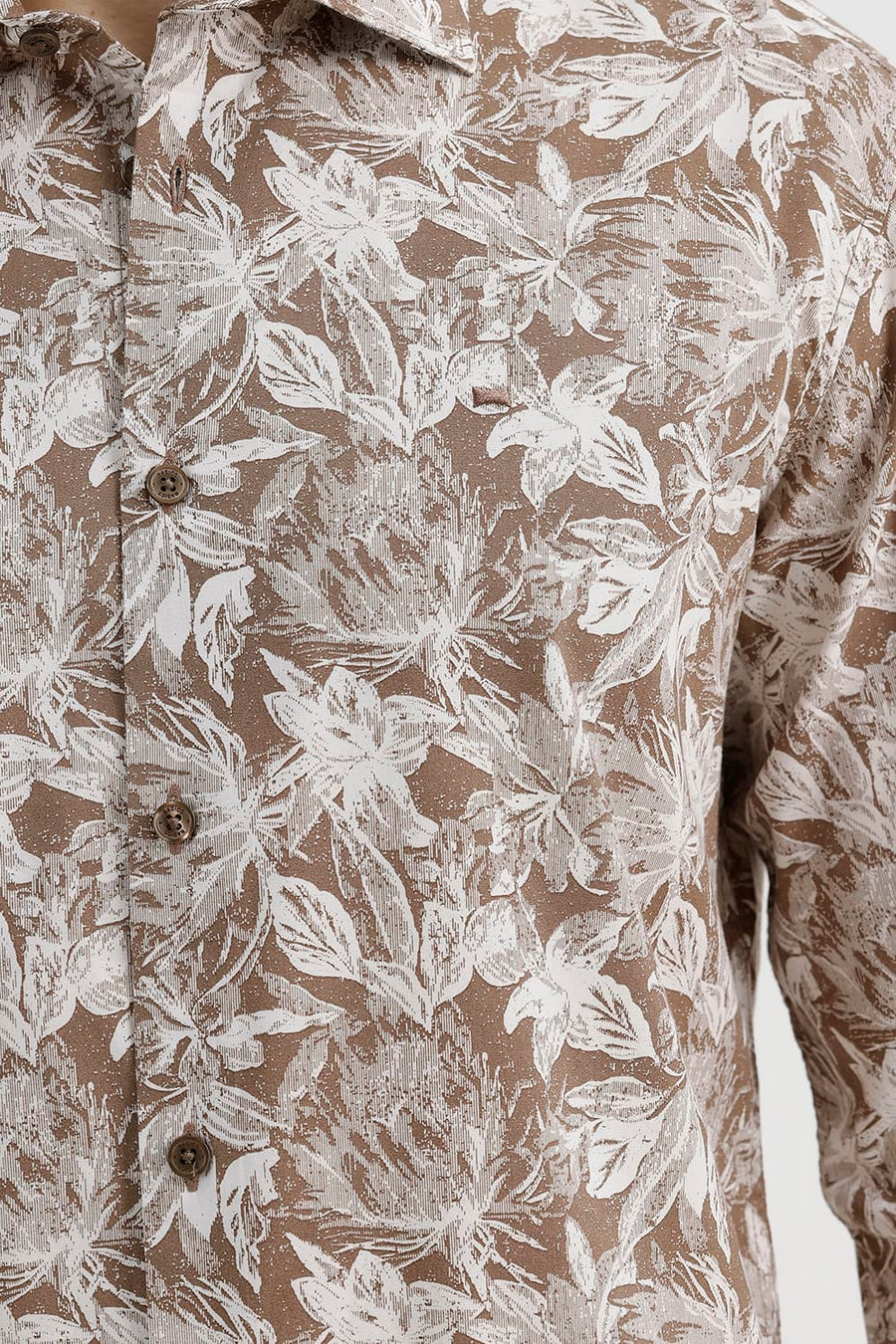 BASICS SLIM FIT BROWN WOOD SMOKE COTTON VISCOSE PRINTED SHIRT