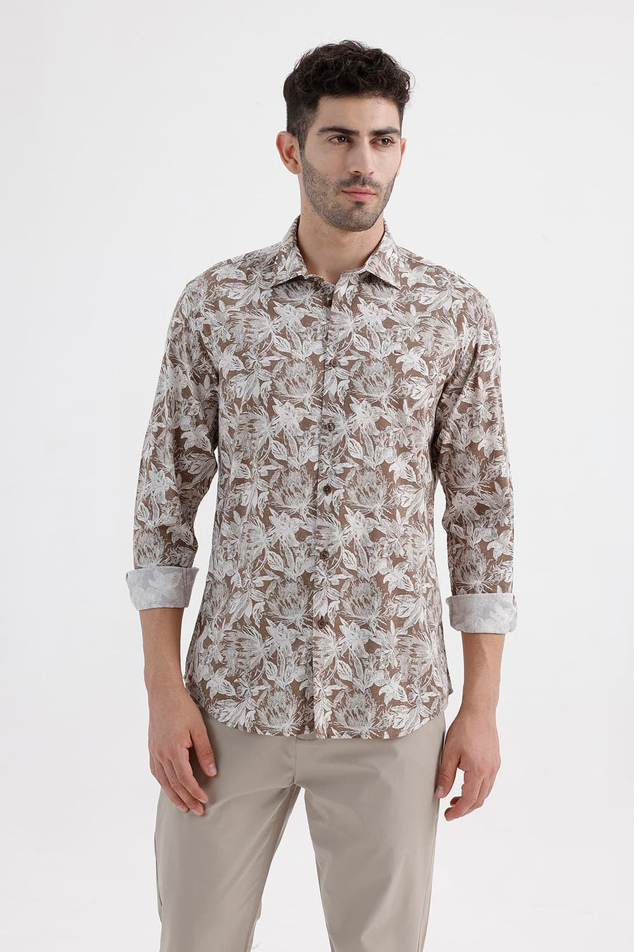 BASICS SLIM FIT BROWN WOOD SMOKE COTTON VISCOSE PRINTED SHIRT