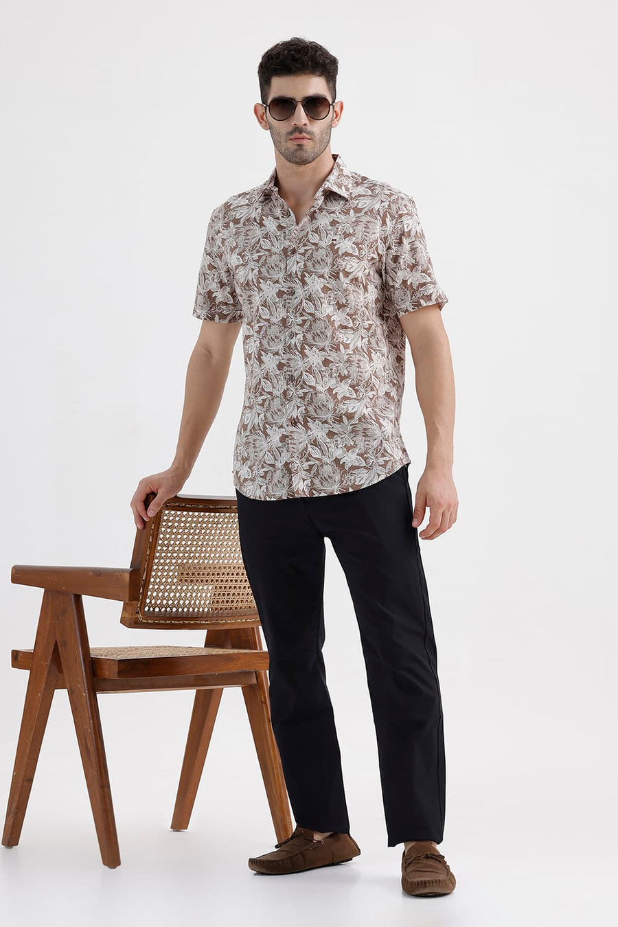 BASICS SLIM FIT BROWN WOOD SMOKE COTTON VISCOSE PRINTED HALFSLEEVES SHIRT