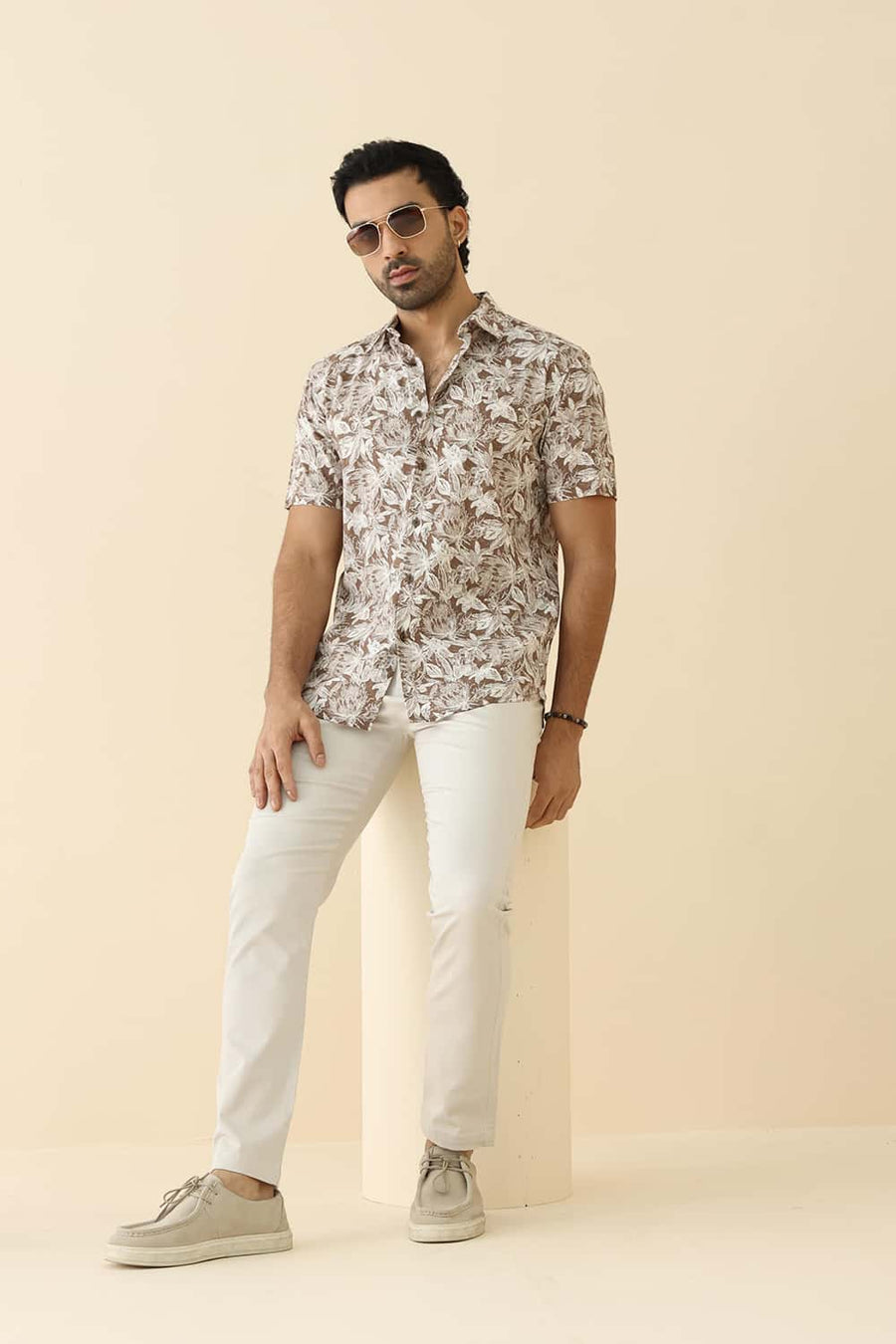 Basics Slim Fit Brown Wood Smoke Cotton Viscose Printed Halfsleeves Shirt