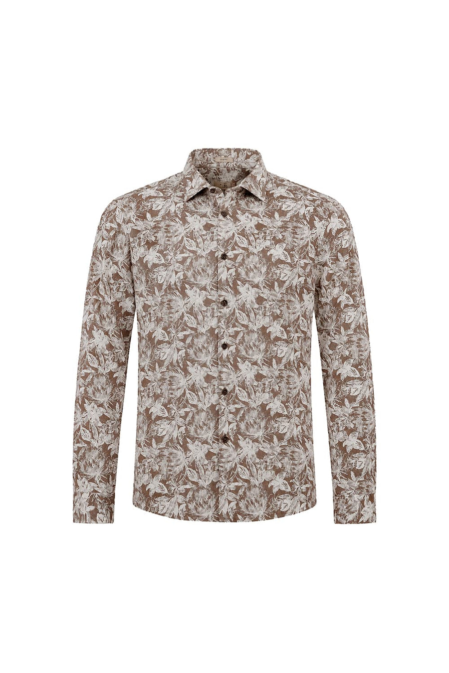 BASICS SLIM FIT BROWN WOOD SMOKE COTTON VISCOSE PRINTED SHIRT