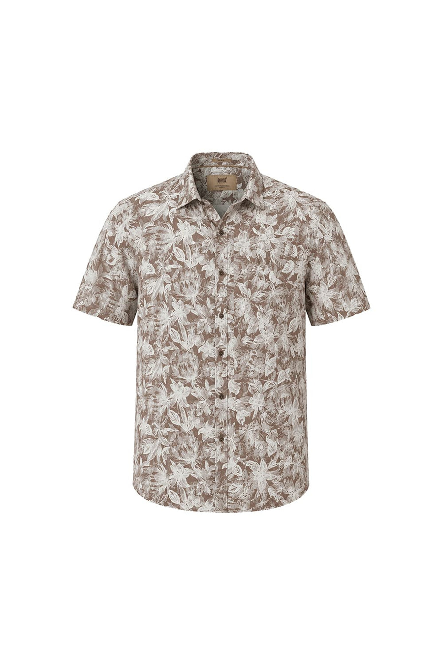 BASICS SLIM FIT BROWN WOOD SMOKE COTTON VISCOSE PRINTED HALFSLEEVES SHIRT