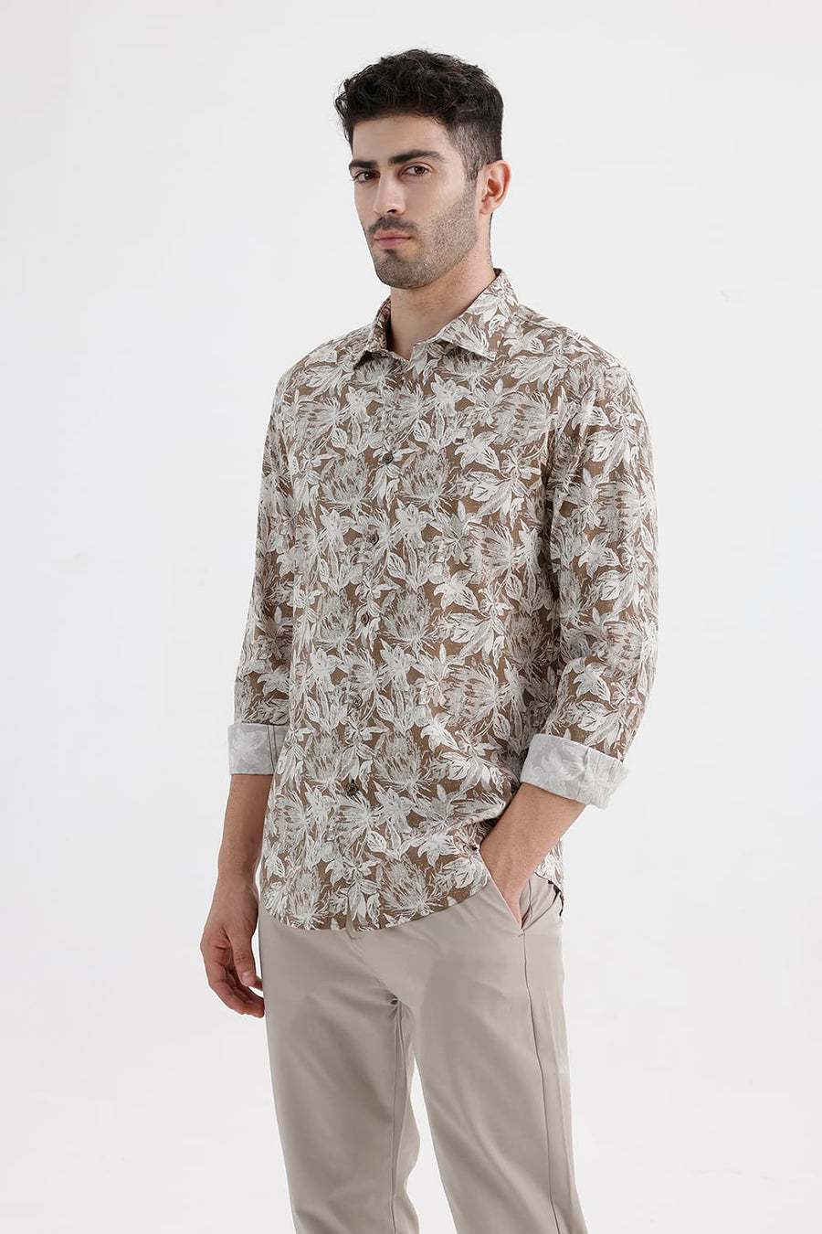 BASICS SLIM FIT BROWN WOOD SMOKE COTTON VISCOSE PRINTED SHIRT