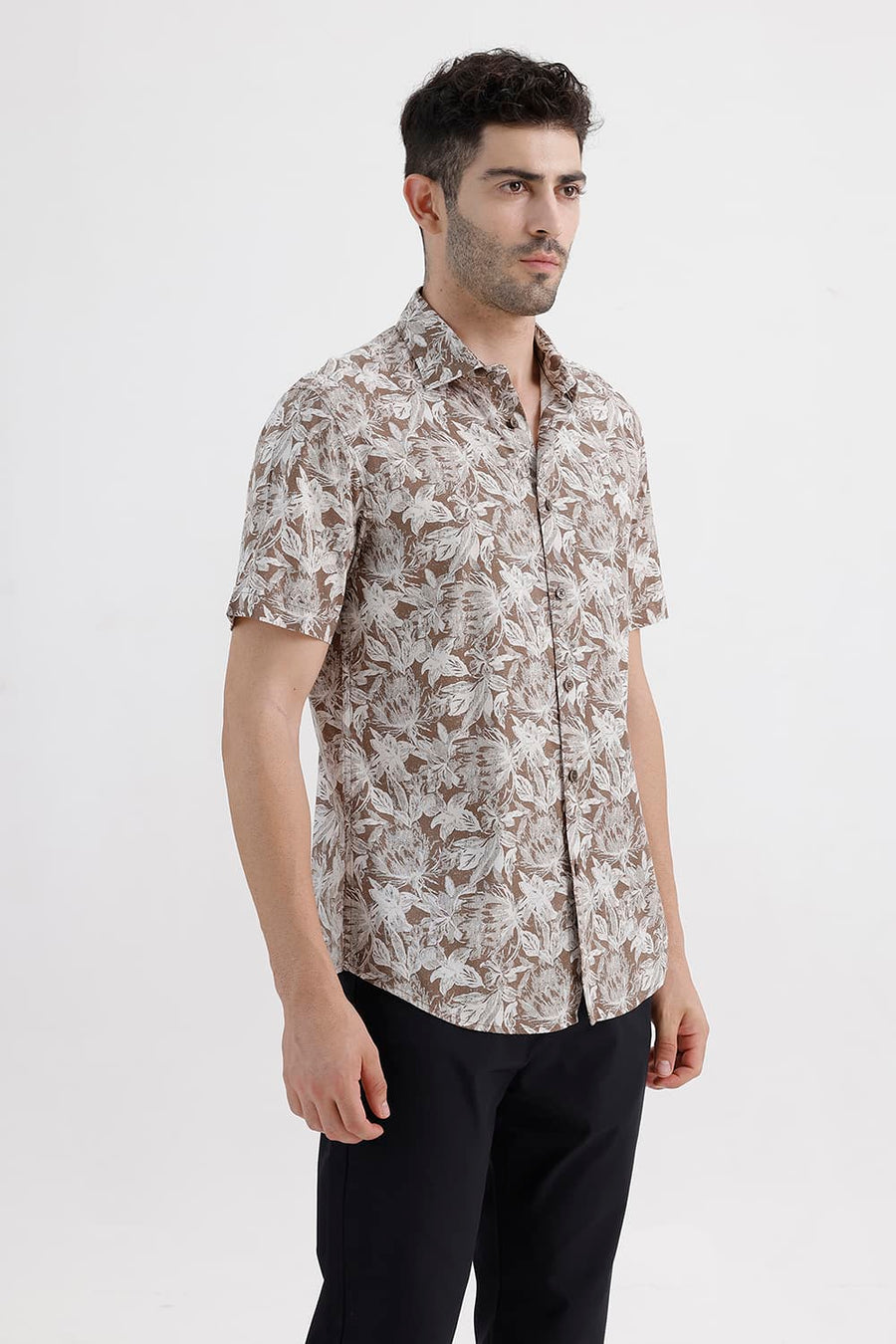 BASICS SLIM FIT BROWN WOOD SMOKE COTTON VISCOSE PRINTED HALFSLEEVES SHIRT