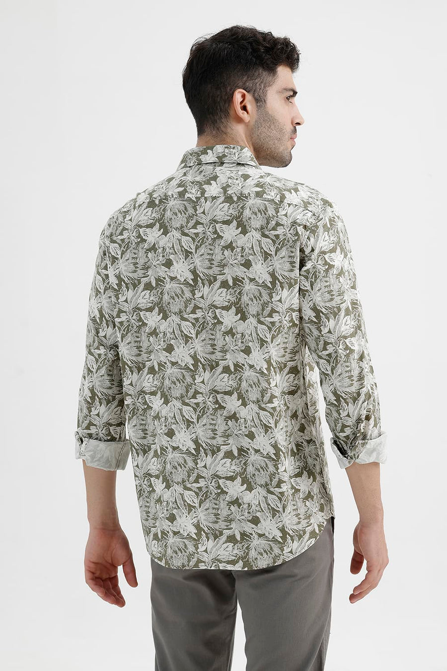BASICS SLIM FIT COVERT GREEN COTTON VISCOSE PRINTED SHIRT