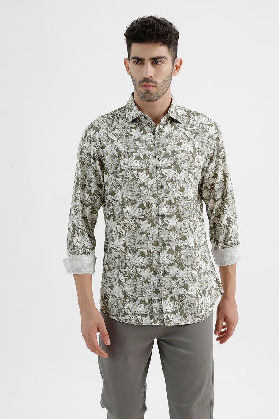BASICS SLIM FIT COVERT GREEN COTTON VISCOSE PRINTED SHIRT