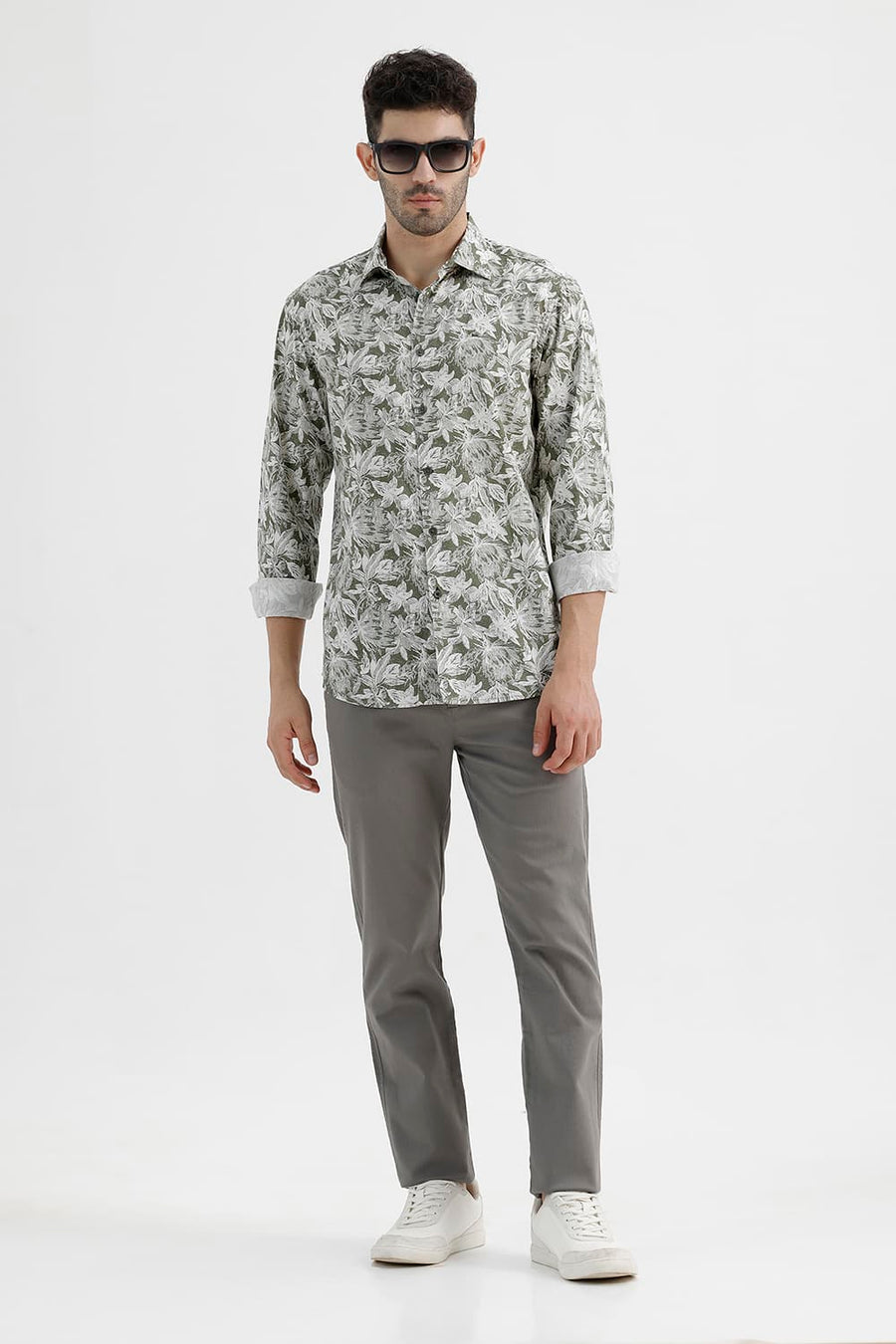 BASICS SLIM FIT COVERT GREEN COTTON VISCOSE PRINTED SHIRT