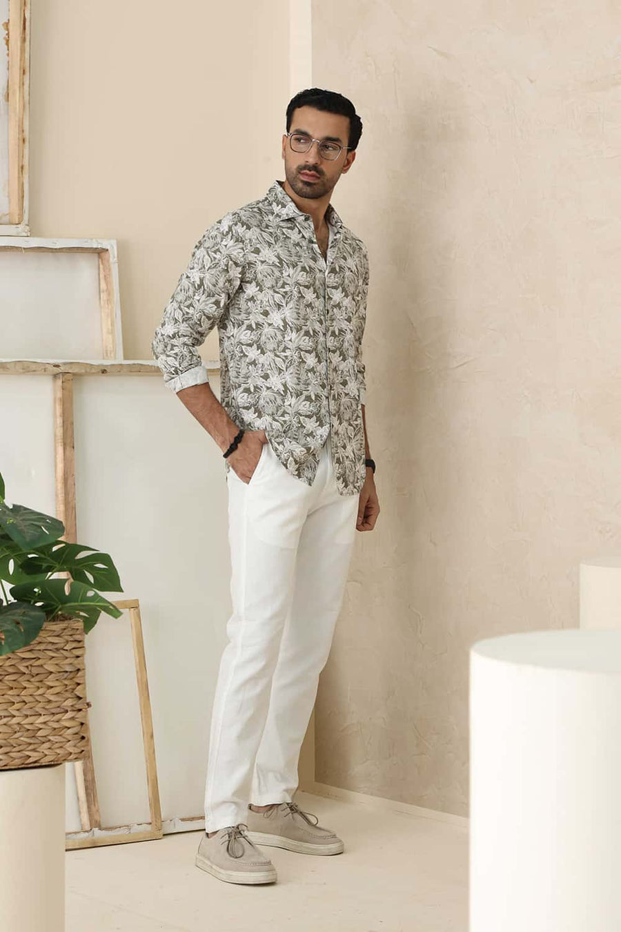 Basics Slim Fit Covert Green Cotton Viscose Printed Shirt
