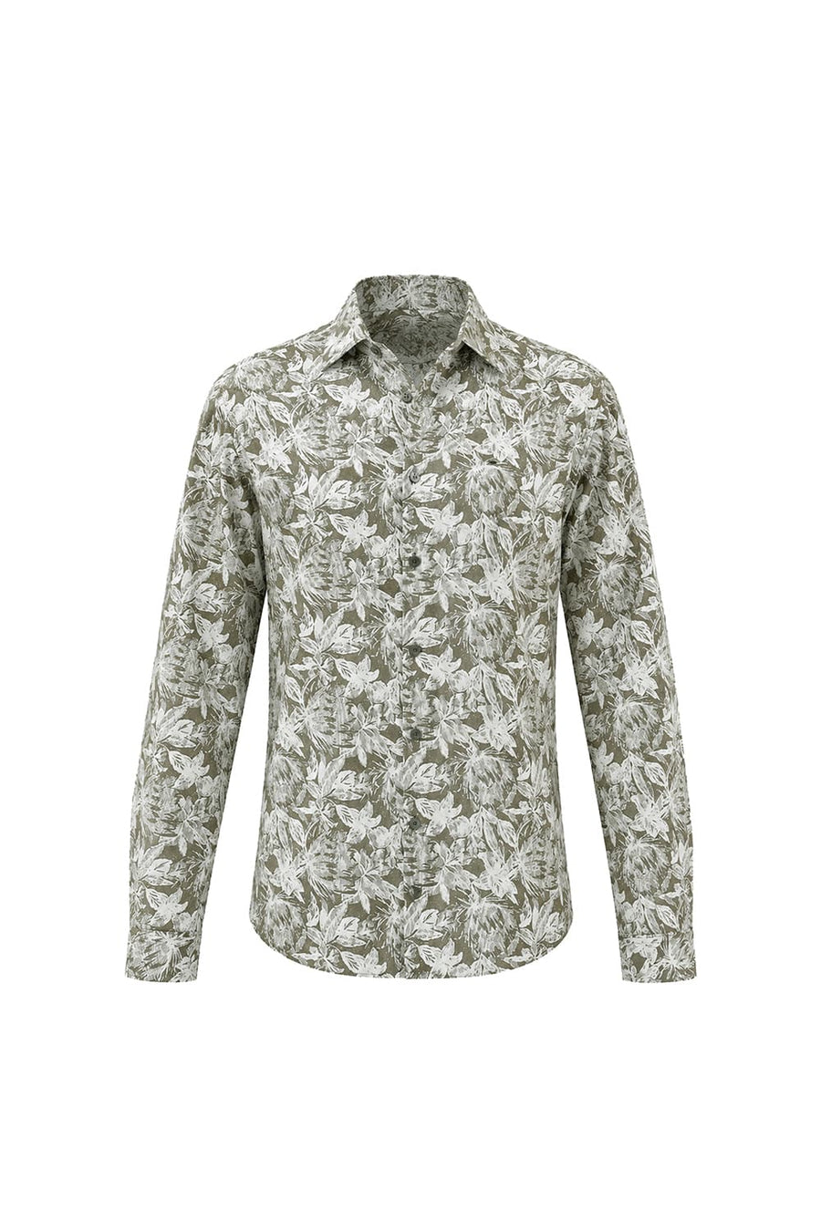 BASICS SLIM FIT COVERT GREEN COTTON VISCOSE PRINTED SHIRT