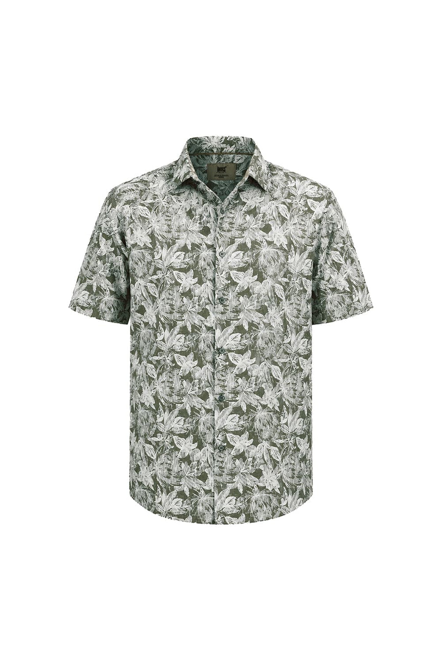 BASICS SLIM FIT COVERT GREEN COTTON VISCOSE PRINTED HALFSLEEVES SHIRT
