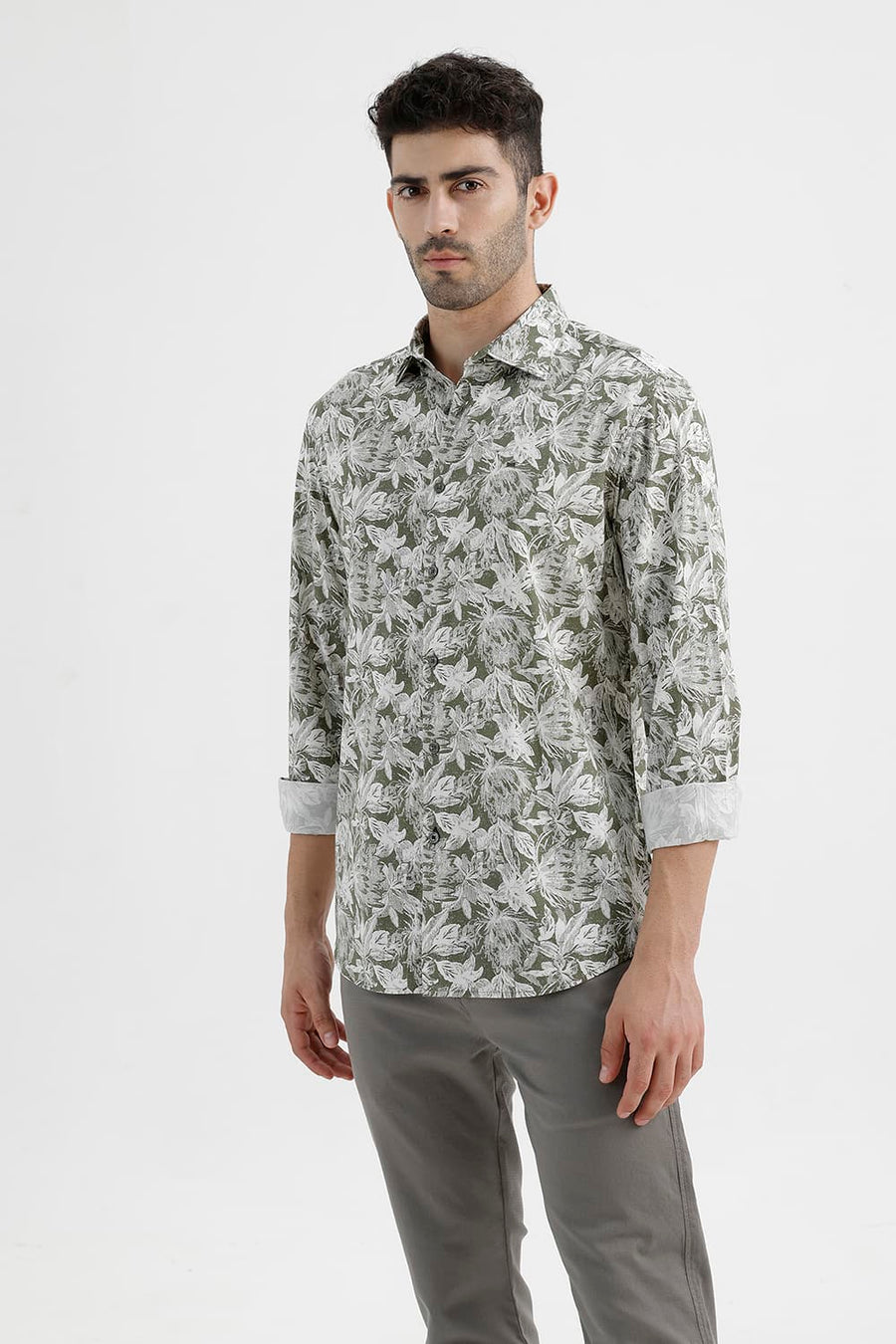 BASICS SLIM FIT COVERT GREEN COTTON VISCOSE PRINTED SHIRT
