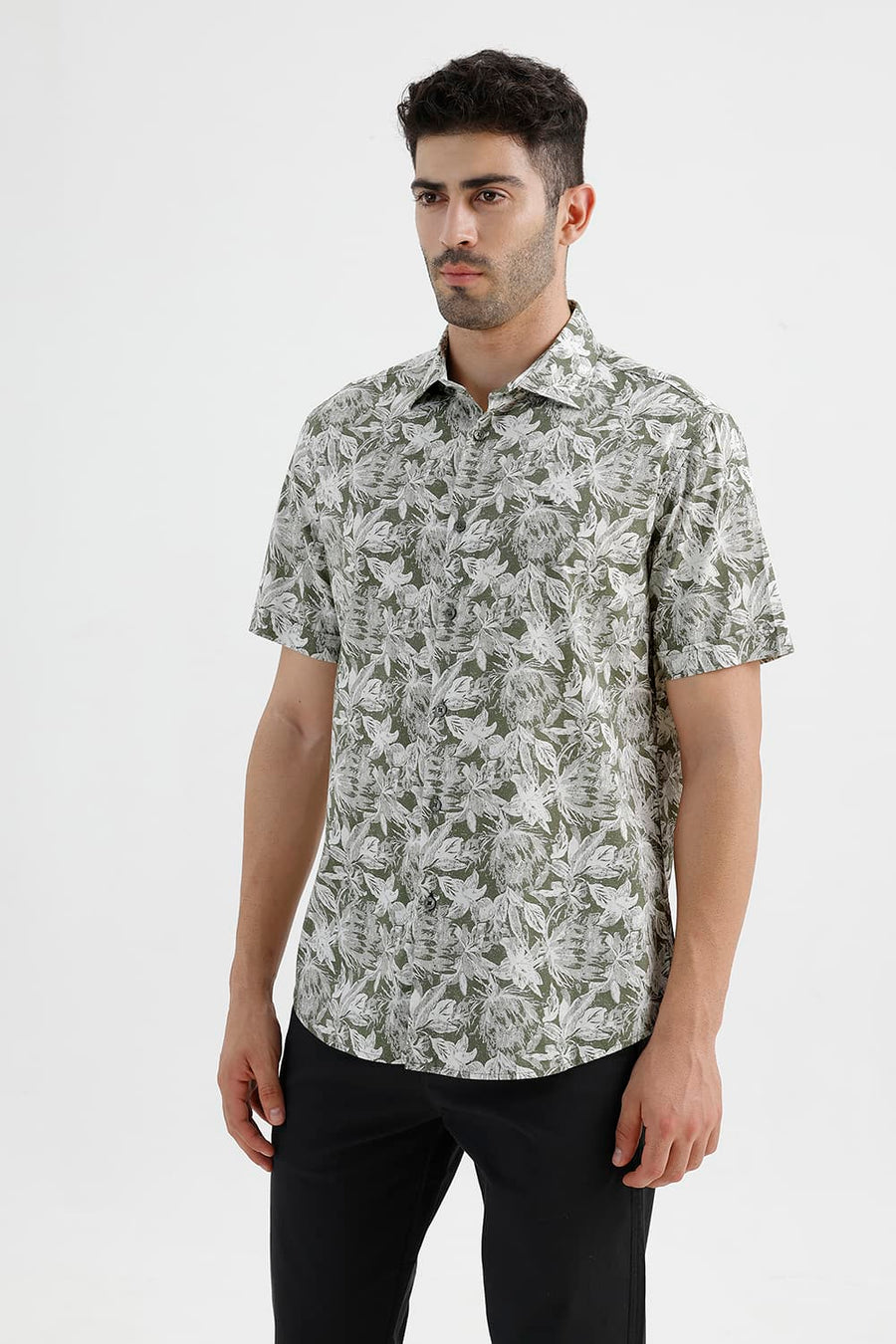 BASICS SLIM FIT COVERT GREEN COTTON VISCOSE PRINTED HALFSLEEVES SHIRT
