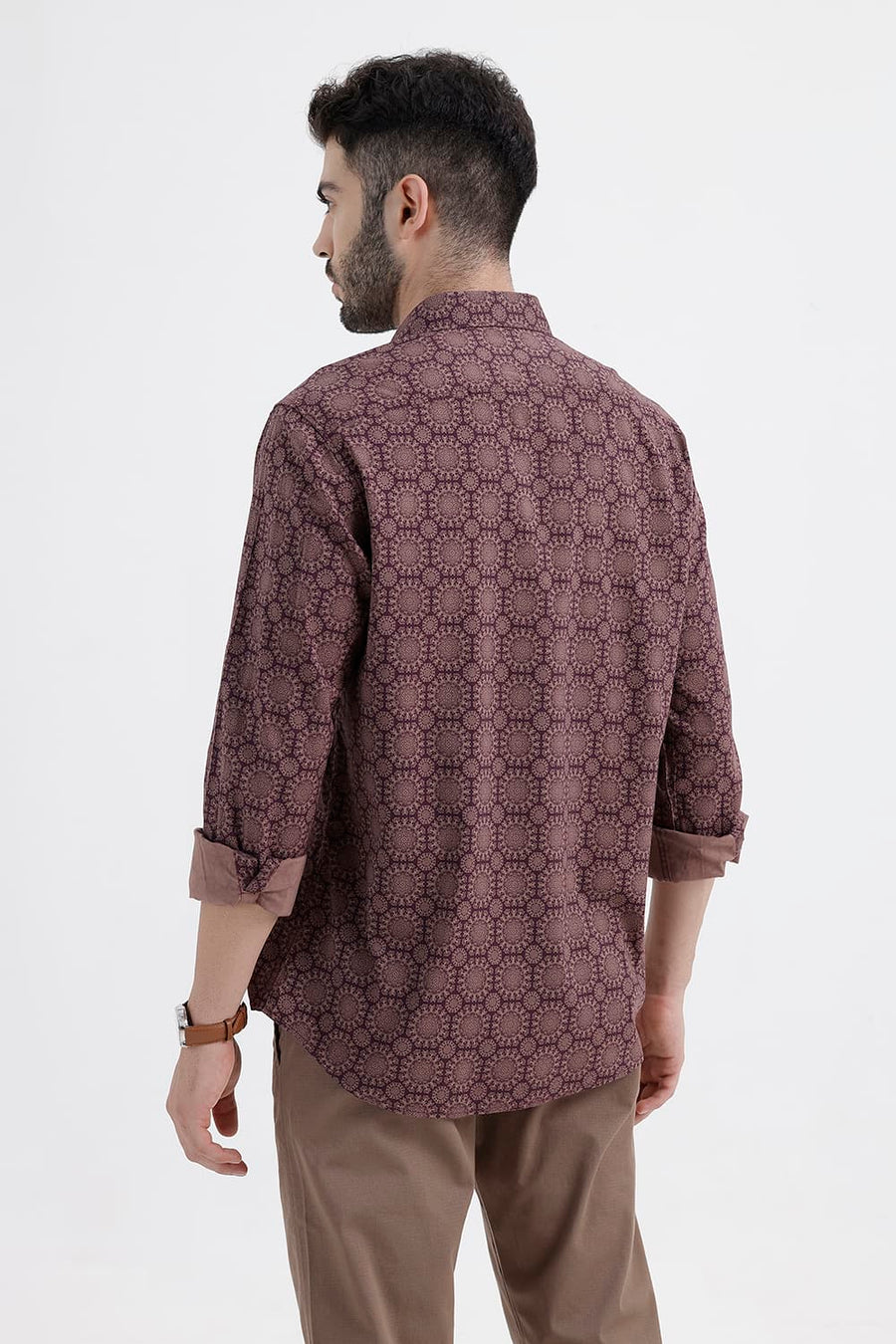 BASICS SLIM FIT PRUNE MAROON COTTON VISCOSE DIGITAL PRINTED SHIRT