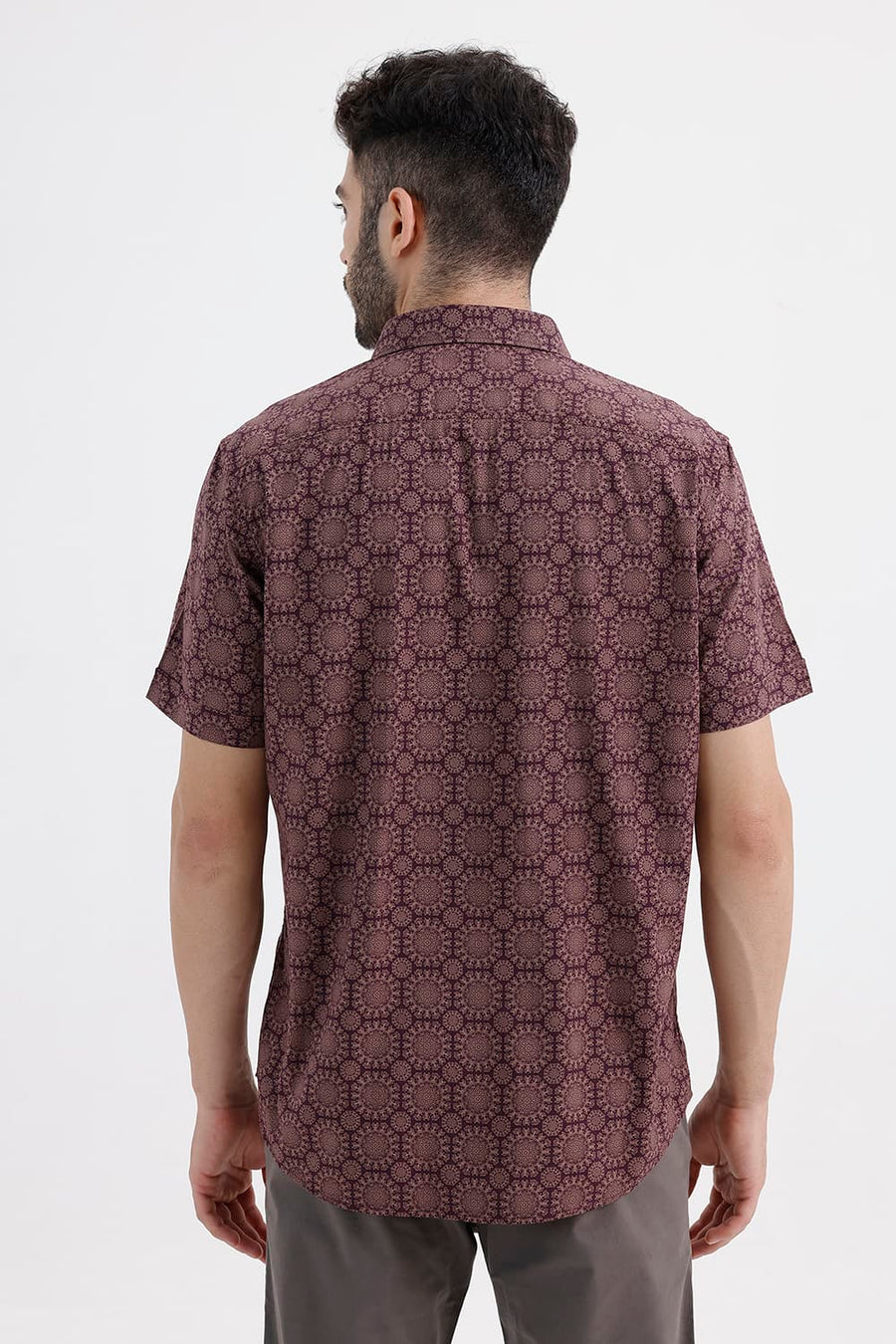 BASICS SLIM FIT PRUNE MAROON COTTON VISCOSE DIGITAL PRINTED HALFSLEEVES SHIRT