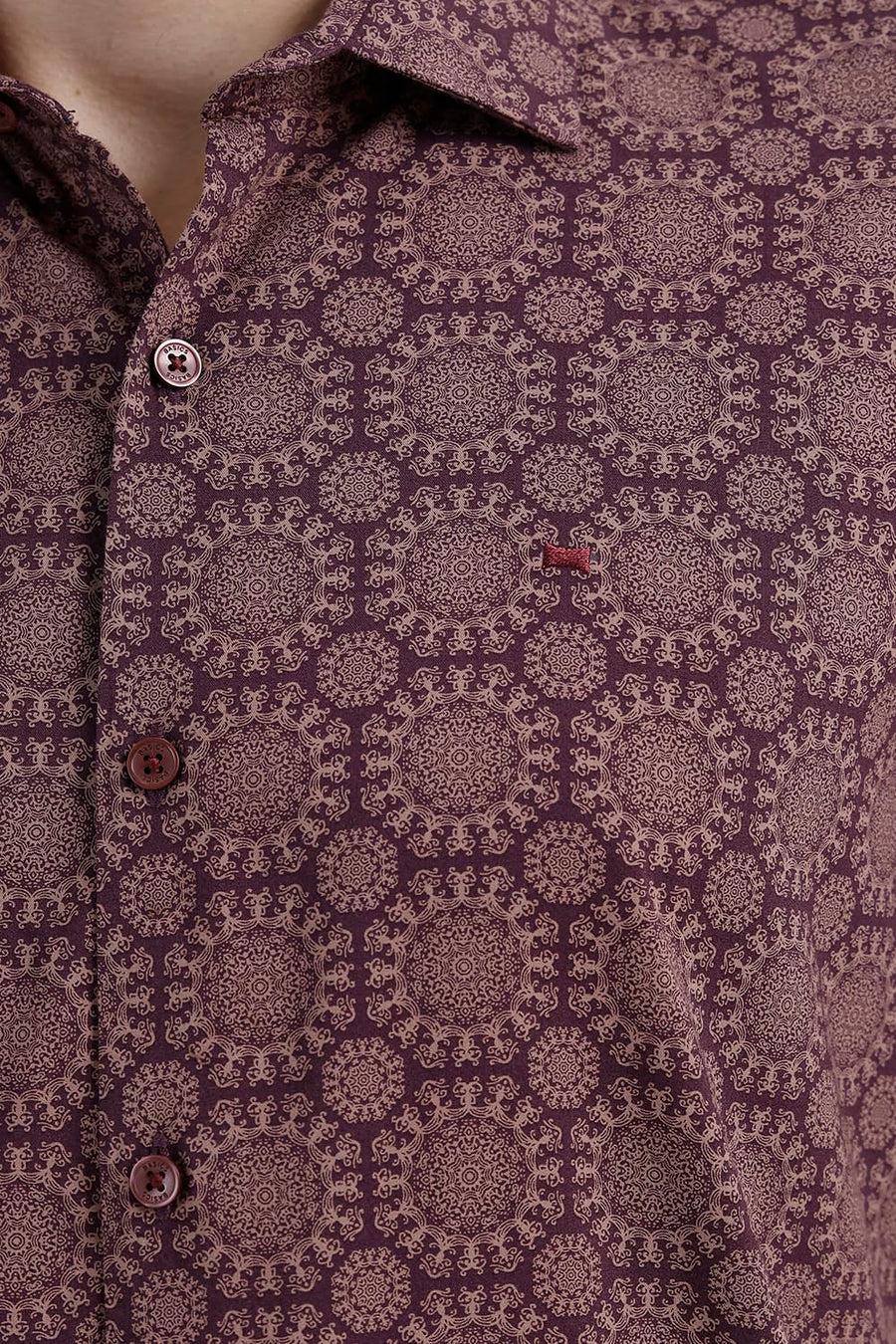 BASICS SLIM FIT PRUNE MAROON COTTON VISCOSE DIGITAL PRINTED SHIRT
