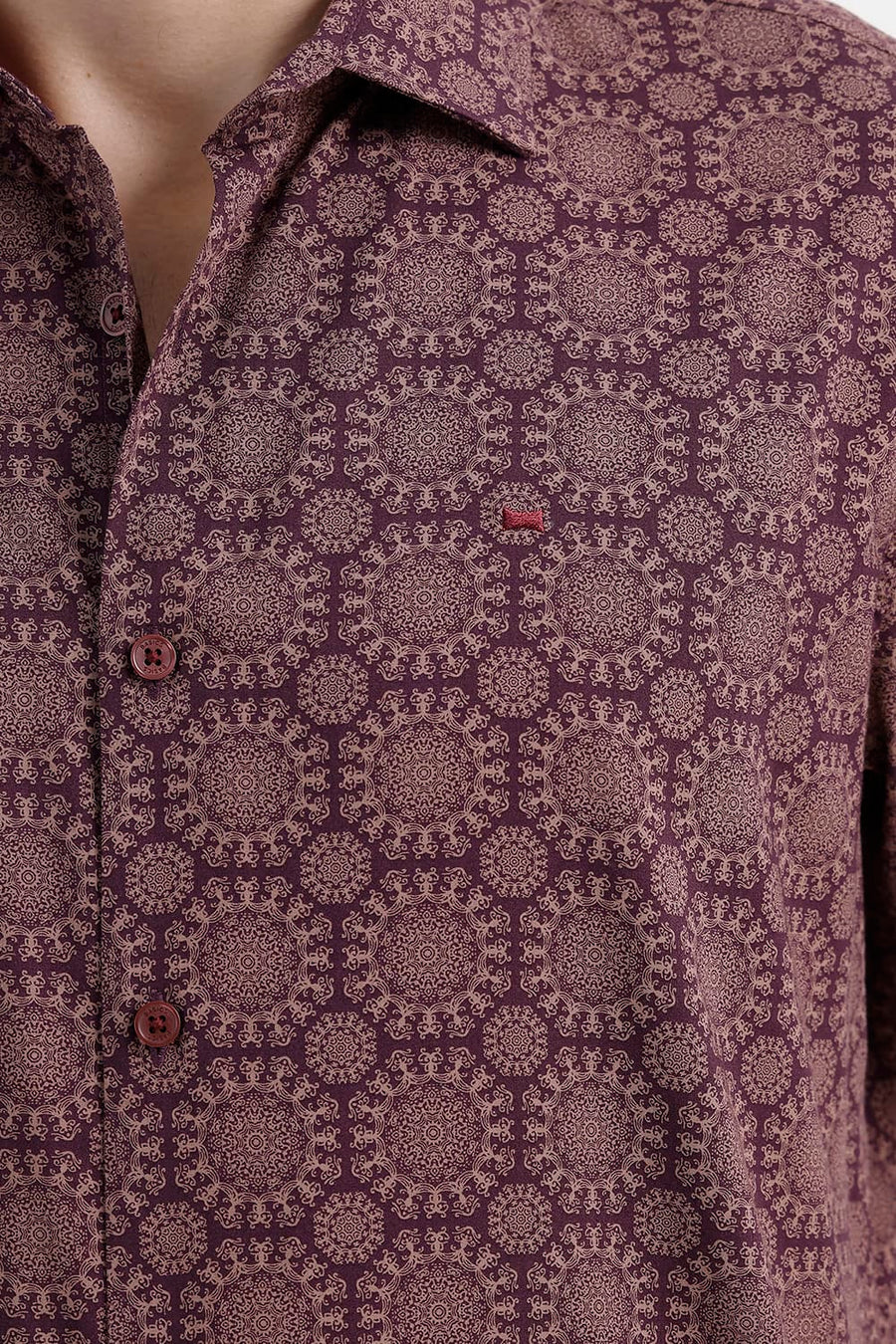 BASICS SLIM FIT PRUNE MAROON COTTON VISCOSE DIGITAL PRINTED HALFSLEEVES SHIRT