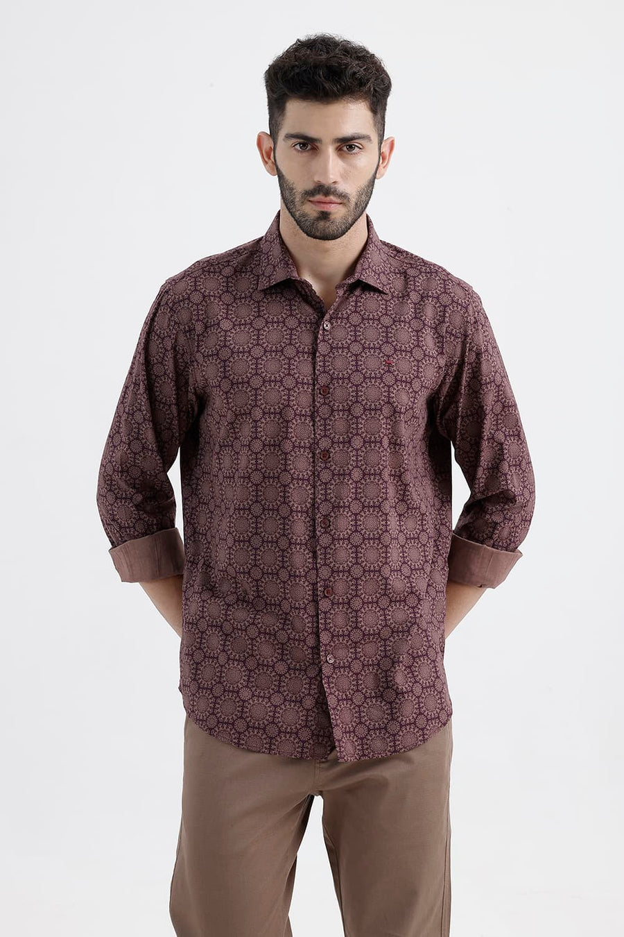 BASICS SLIM FIT PRUNE MAROON COTTON VISCOSE DIGITAL PRINTED SHIRT