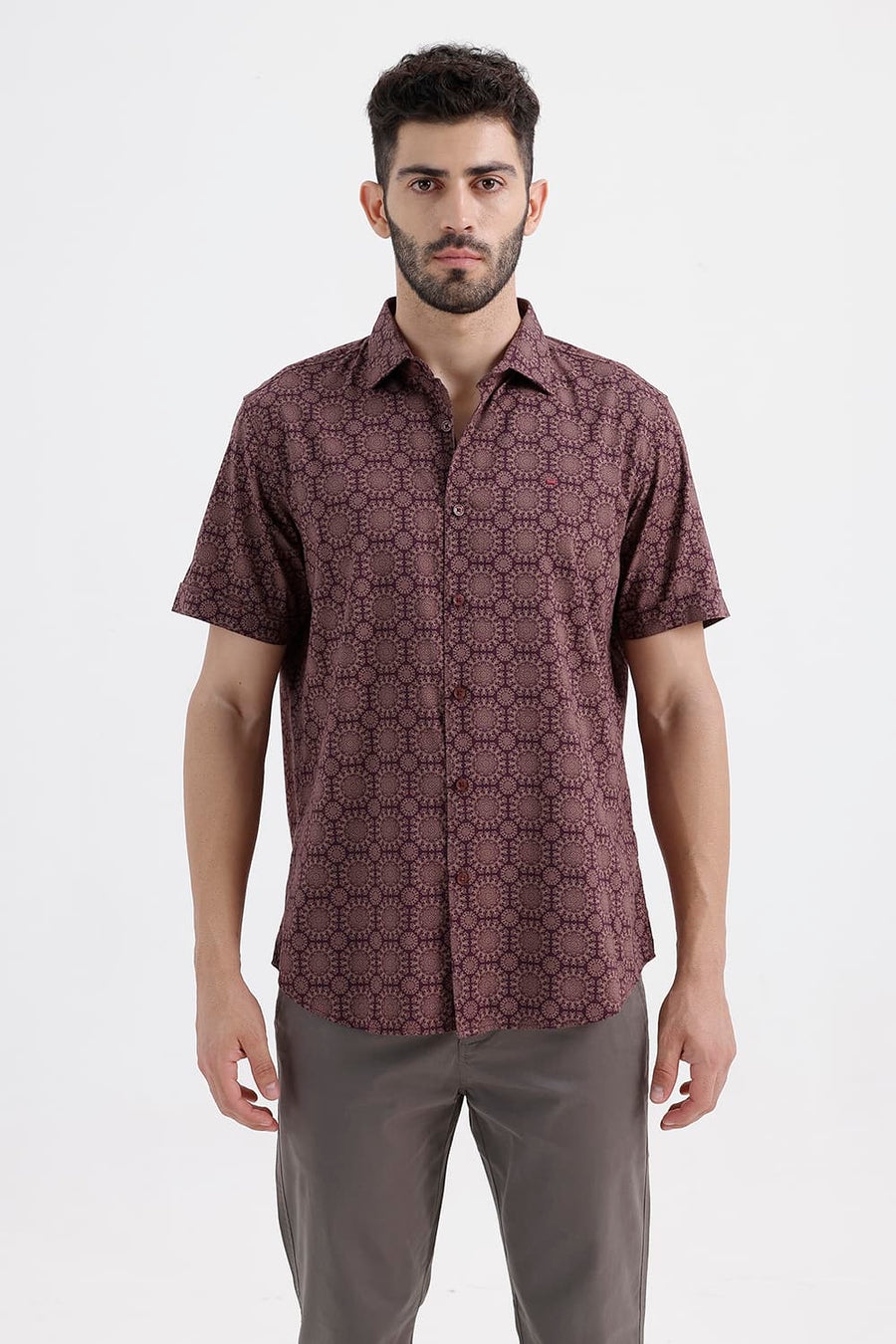 BASICS SLIM FIT PRUNE MAROON COTTON VISCOSE DIGITAL PRINTED HALFSLEEVES SHIRT