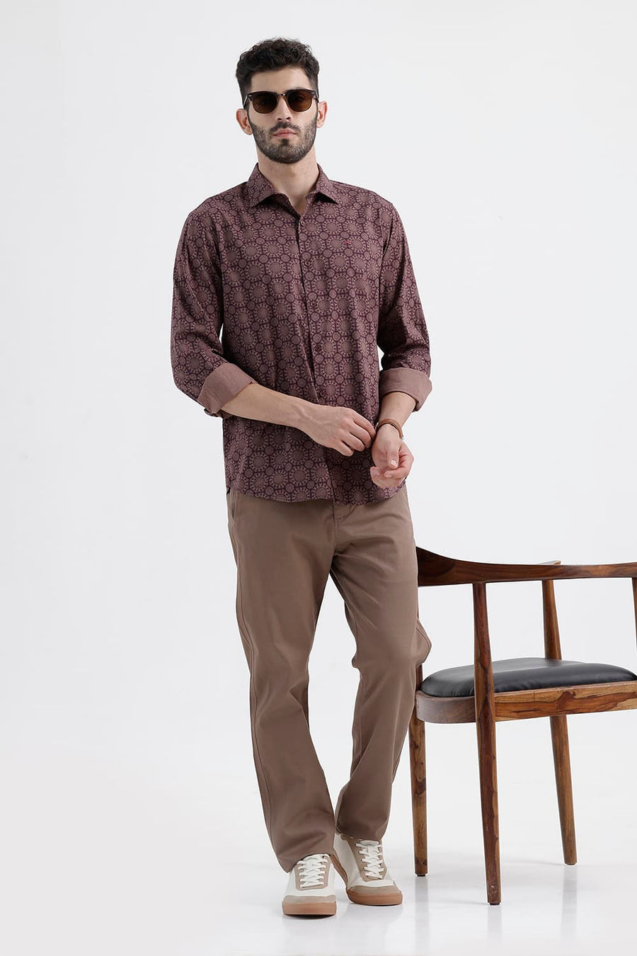 BASICS SLIM FIT PRUNE MAROON COTTON VISCOSE DIGITAL PRINTED SHIRT