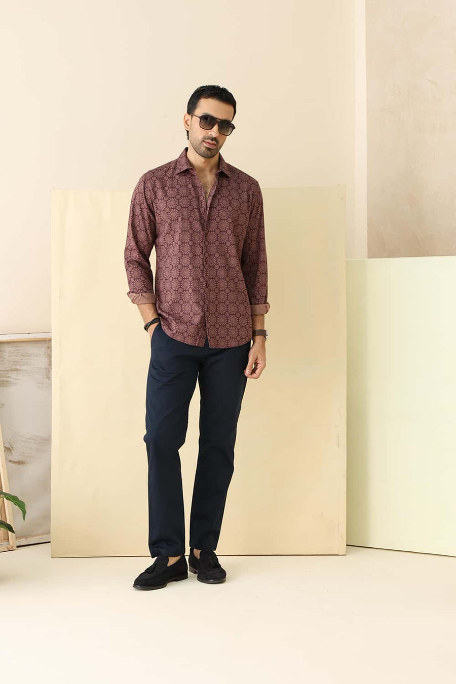 Basics Slim Fit Prune Maroon Cotton Viscose Digital Printed Shirt
