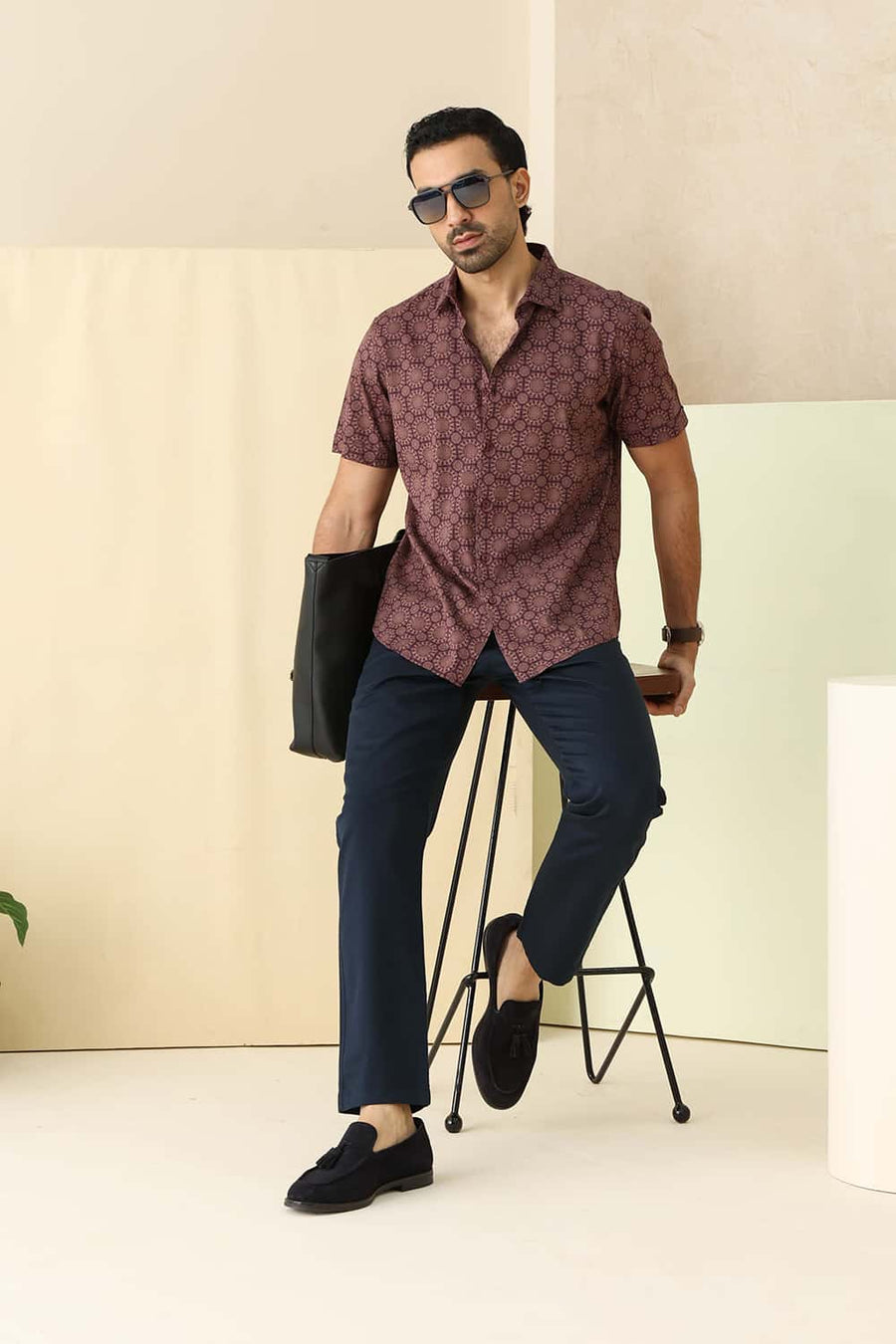 Basics Slim Fit Prune Maroon Cotton Viscose Digital Printed Halfsleeves Shirt